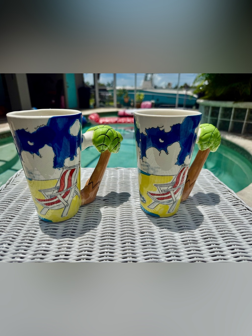 Florida Marketplace Palm Tree Handle Beach Latte Mugs Set of 2 Coastal Tropical